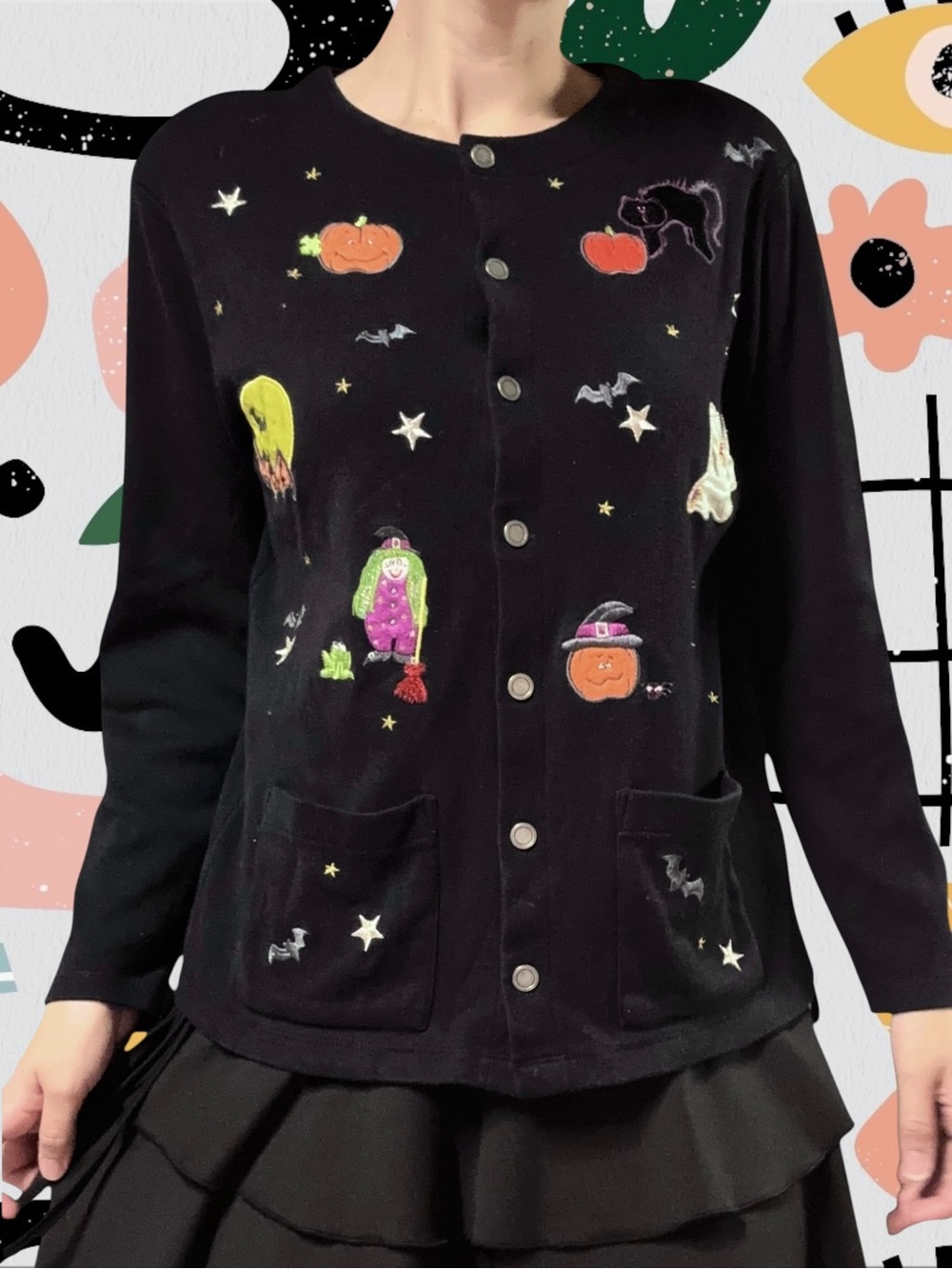 Karen Scott | Vintage 90s/Y2K Black Embroidered Halloween Cardigan